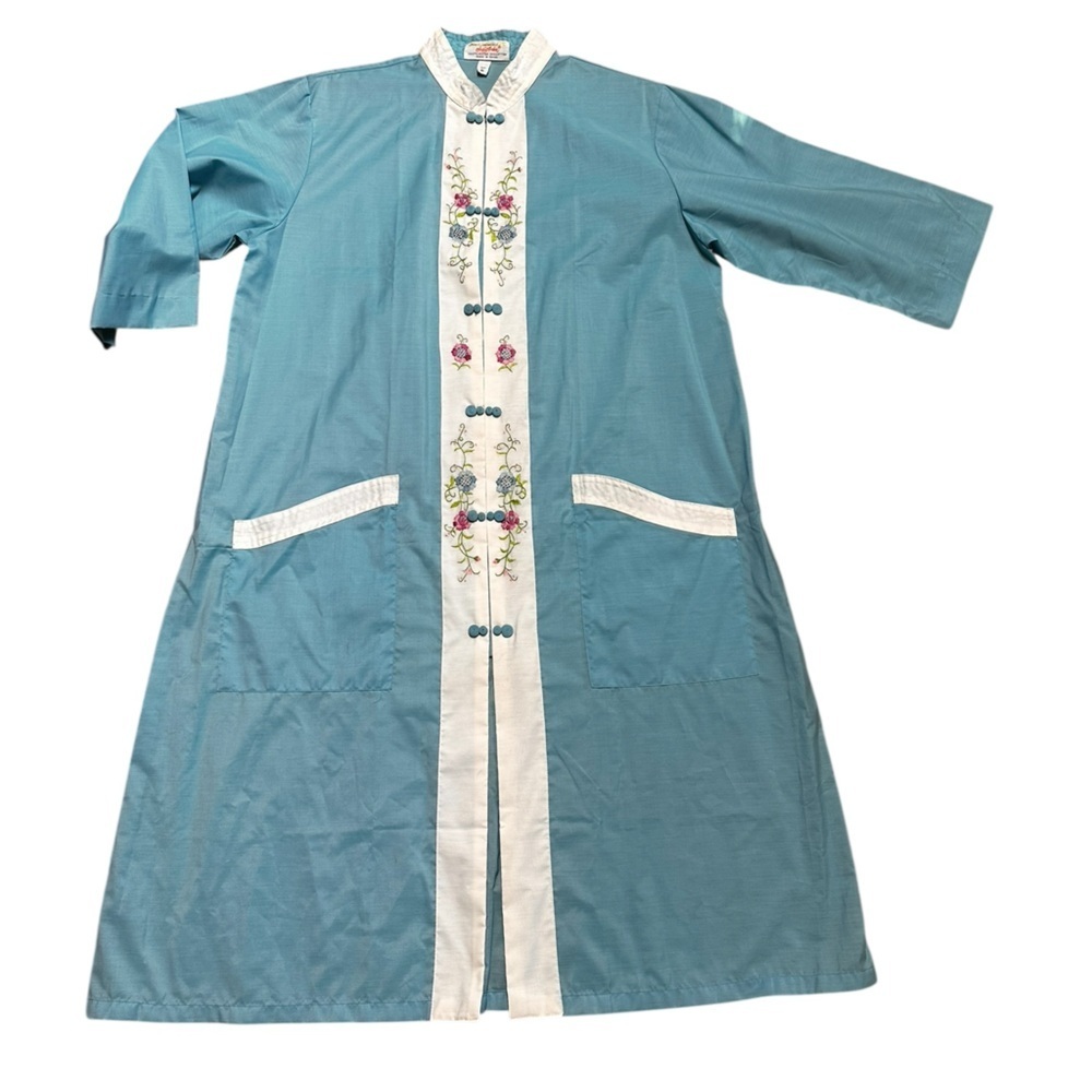 1960s Vintage Jodie Arden Kimono House Dress Embroidered Blue X-Large - Picture 6 of 10